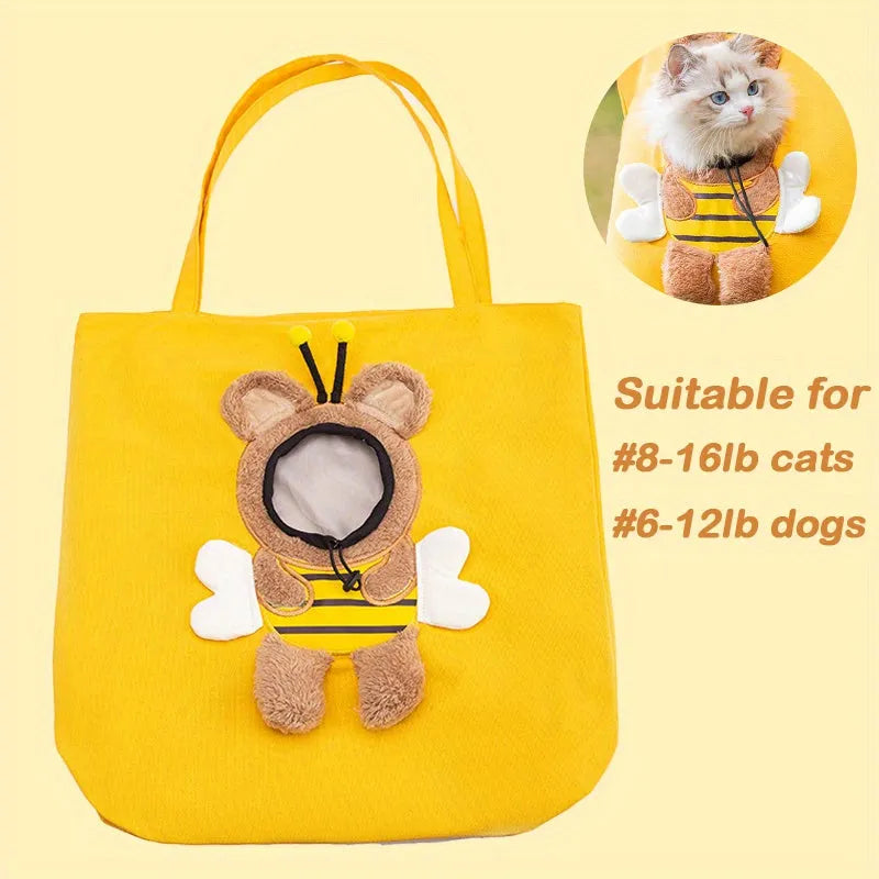 Little Bee Design blue canvas pet carrier bag with animal pattern, showing adjustable side opening for a pet's head.