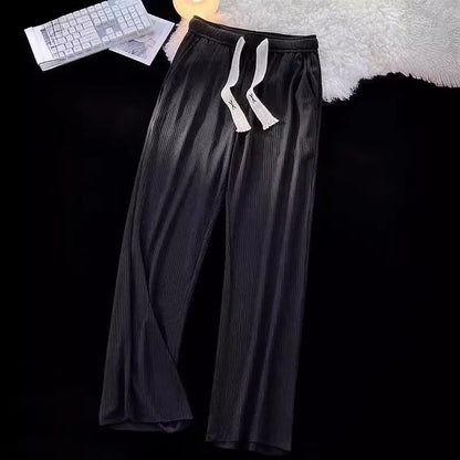 Men's cotton casual trousers with ice silk thread in loose straight cut, white or black colour options