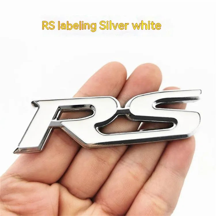 Zinc alloy RS pattern car sticker measuring 9x2.4cm in silver-edged blue colour option