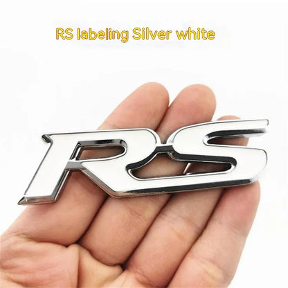 Zinc alloy RS pattern car sticker measuring 9x2.4cm in silver-edged blue colour option
