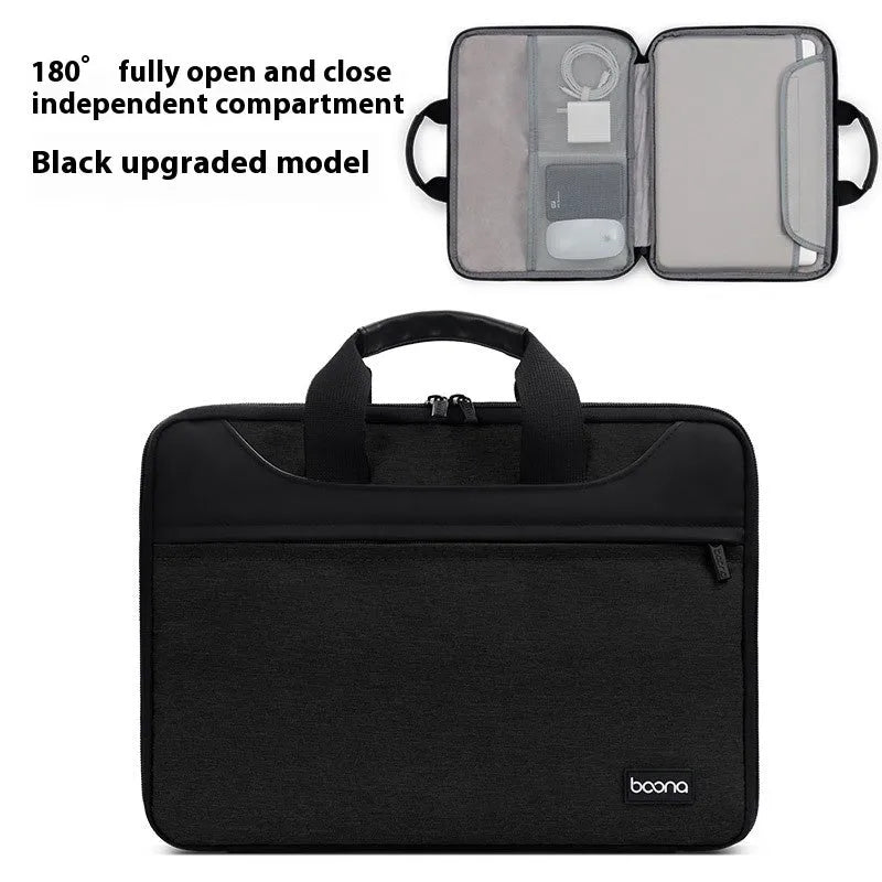 Black Oxford cloth laptop bag fully opened showing main compartment, with soft carry handle.