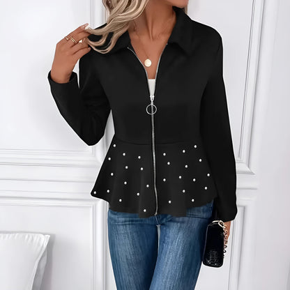 Women's black coat with beaded heavy-duty zipper and ruffled hem detail
