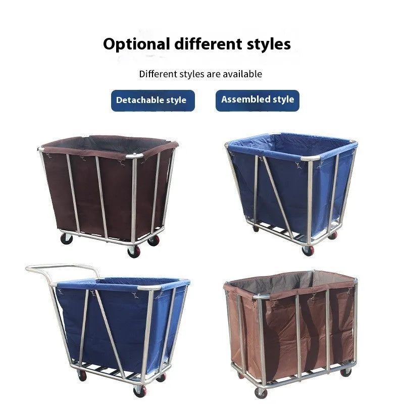 Hotel cloth trolley for housekeeping with stainless steel construction available in blue bag or brown bag options, designed for linen transport in 4-tube, 8-tube or 10-tube configurations as a multifunctional cleaning cart