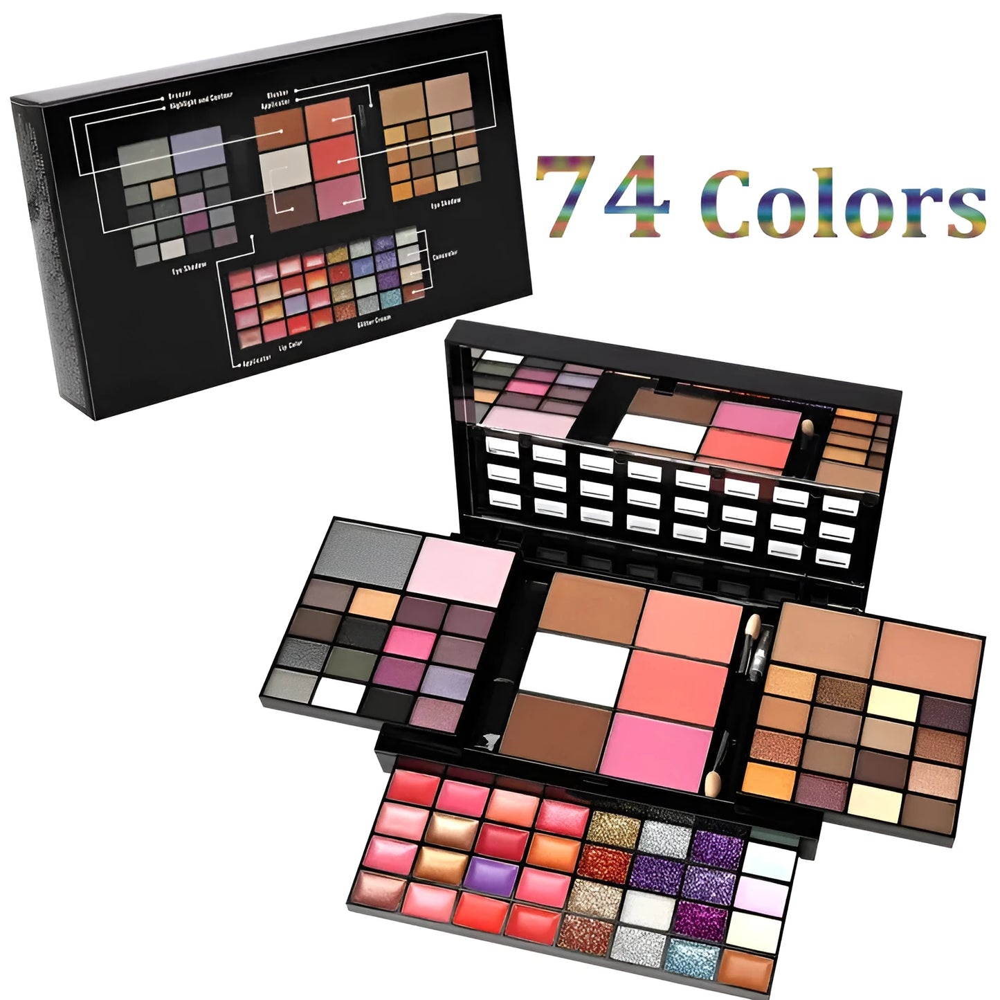 Open 74 colour makeup combination palette showing four layers of eyeshadow, lip gloss, blush and contour powders with brushes.