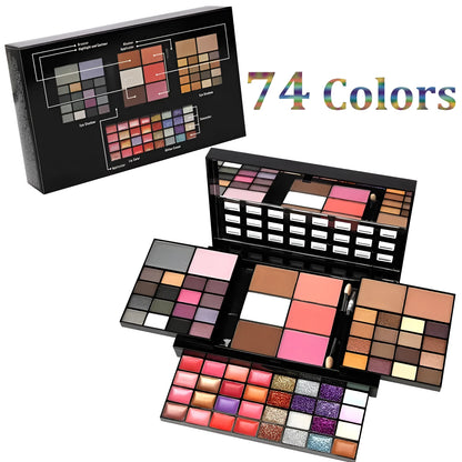 Open 74 colour makeup combination palette showing four layers of eyeshadow, lip gloss, blush and contour powders with brushes.
