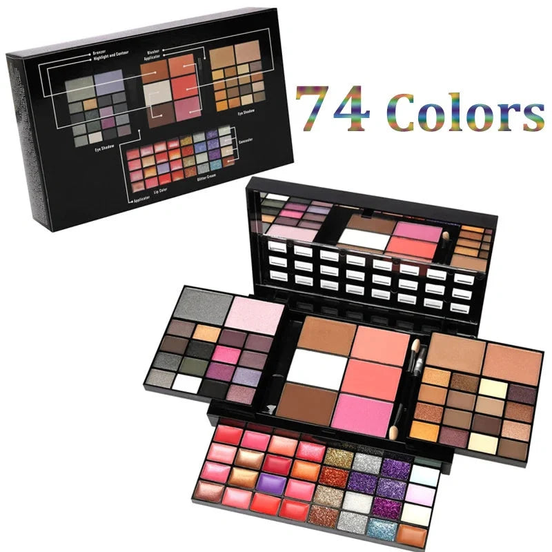 74 Colour Makeup Set with lip gloss, blush, eyeshadow, and highlight combination plate