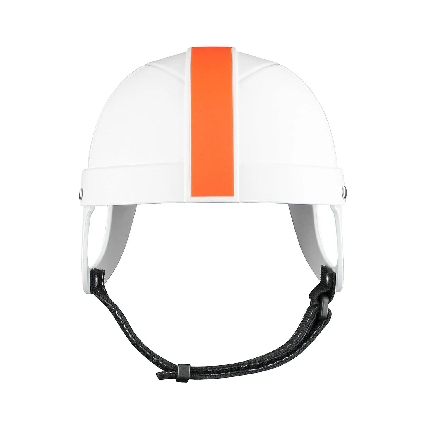 White and orange pet motorcycle safety helmet for small dog on a solid background.