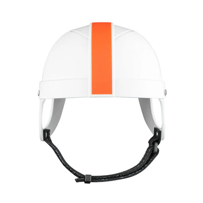 White and orange pet motorcycle safety helmet for small dog on a solid background.