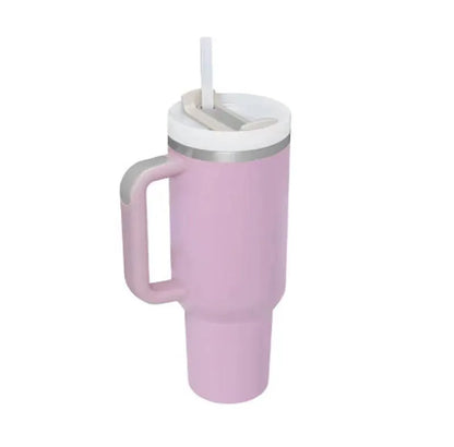 40oz stainless steel tumbler with handle and straw in various colour options showing tapered shape and spill-proof lid