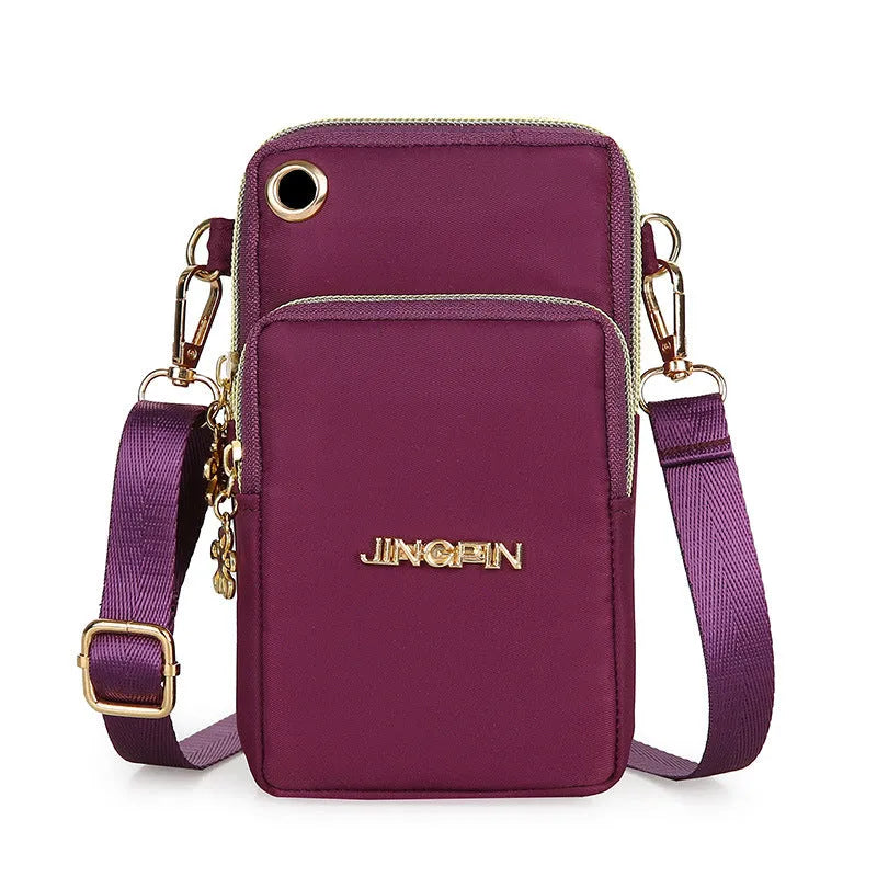 Nylon small crossbody shoulder bag with 3-layer zipper, card slot, square vertical shape, letter pattern, in red, dark blue, black or dark purple.