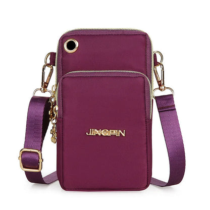 Nylon small crossbody shoulder bag with 3-layer zipper, card slot, square vertical shape, letter pattern, in red, dark blue, black or dark purple.