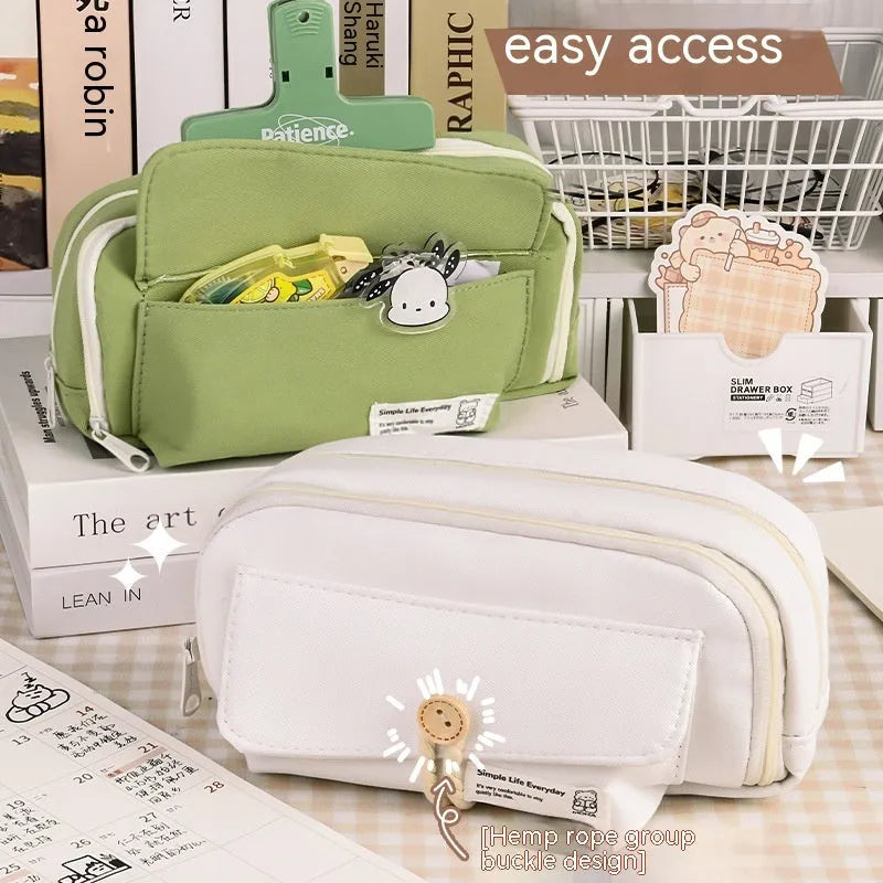 Button Pencil Case for Girls with Large Capacity, Canvas Stationery Bag for Students, Korean Style Organiser for About 80 Pens in Green, Beige, Blue or Grey
