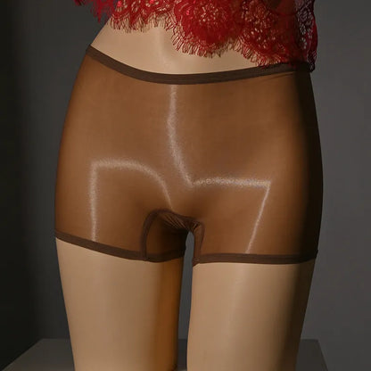 Shiny men's seamless underwear stockings in red, black, grey, white, and skin-tone colours on a mid waist.
