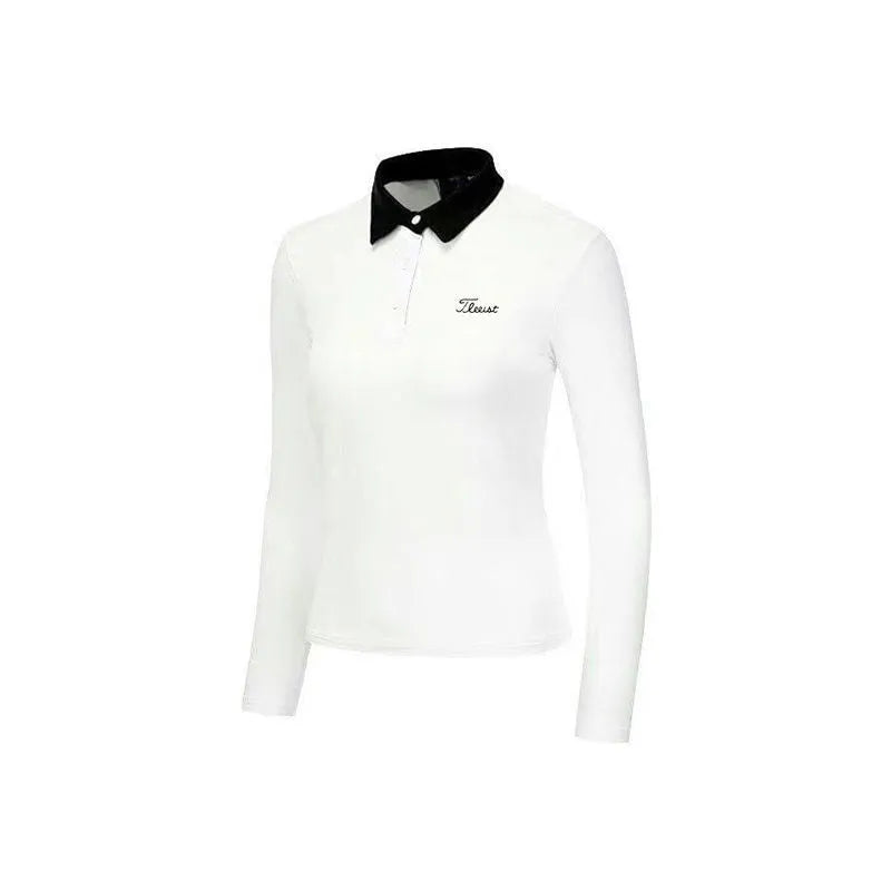 Women's white polyester long sleeve sportswear top for golf and outdoor activities
