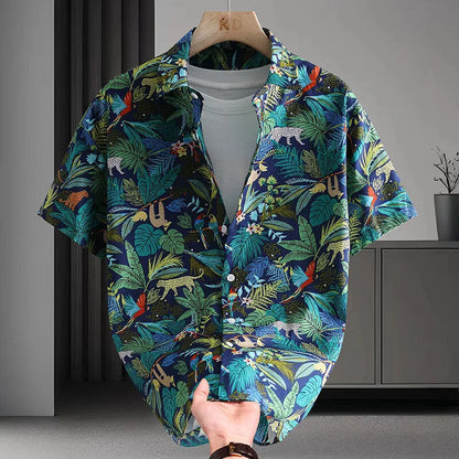 Men's Hawaiian floral print short sleeve cotton shirt in cardigan style