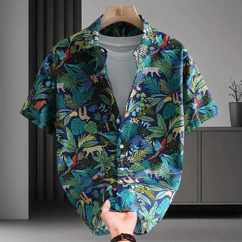 Men's casual summer short sleeve shirt featuring Hawaiian-style floral printing on cardigan-cut cotton fabric, available in sizes from M to 8XL with a relaxed fit suitable for leisure wear.