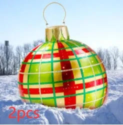 Large 60cm inflatable PVC Christmas decoration ball in bright colours for outdoor garden or tree display.