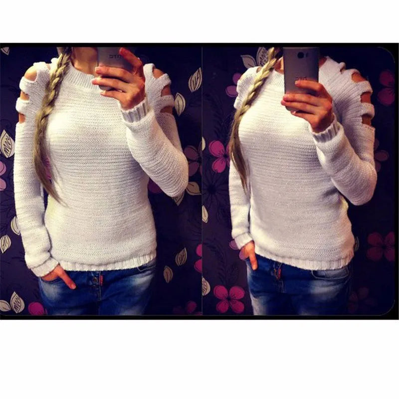 Women's white knitted shirt with hollow-out crochet pattern, round neckline, and long sleeves