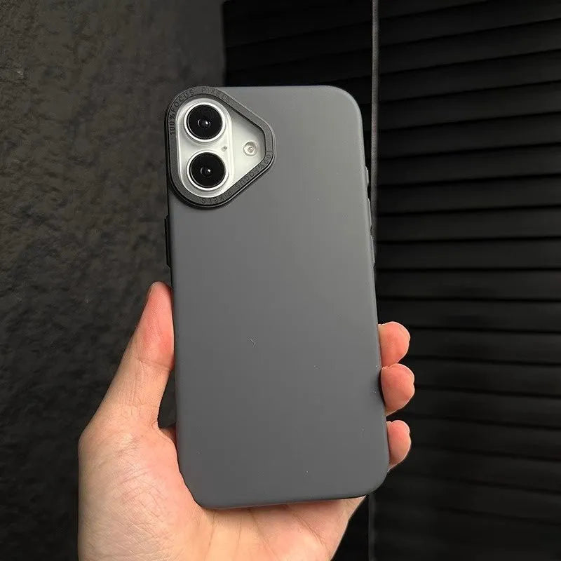 Ultra-thin frosted phone case with metal buttons and large metal hole in black for iPhone 14