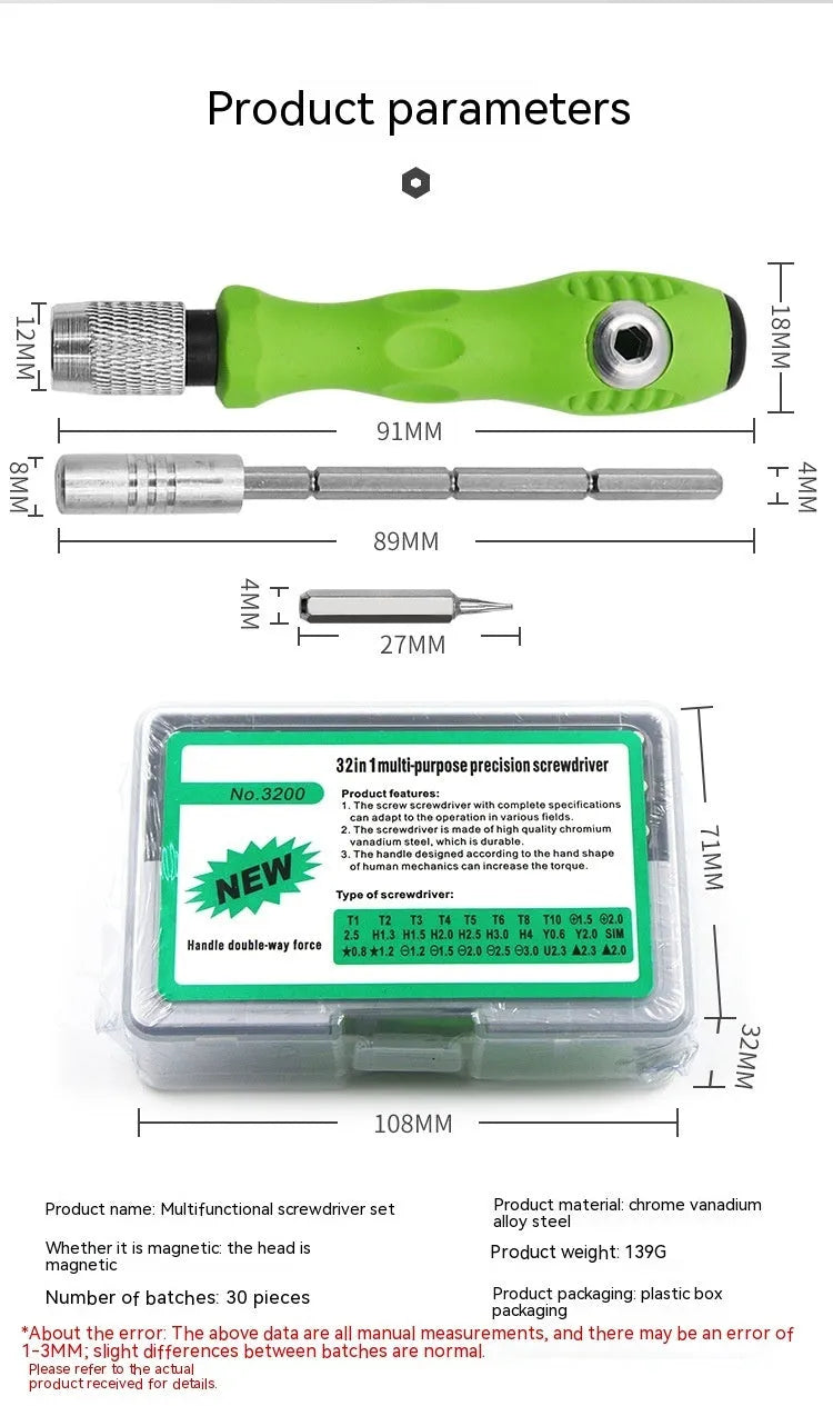 32-in-1 screwdriver set for mobile phone repair with precision bits for electronics disassembly