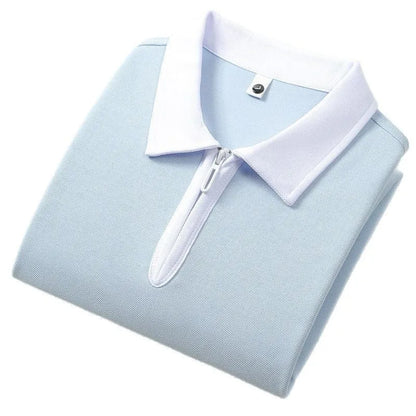 Zipper and lapel polo shirt in solid colour with short sleeves and loose fit