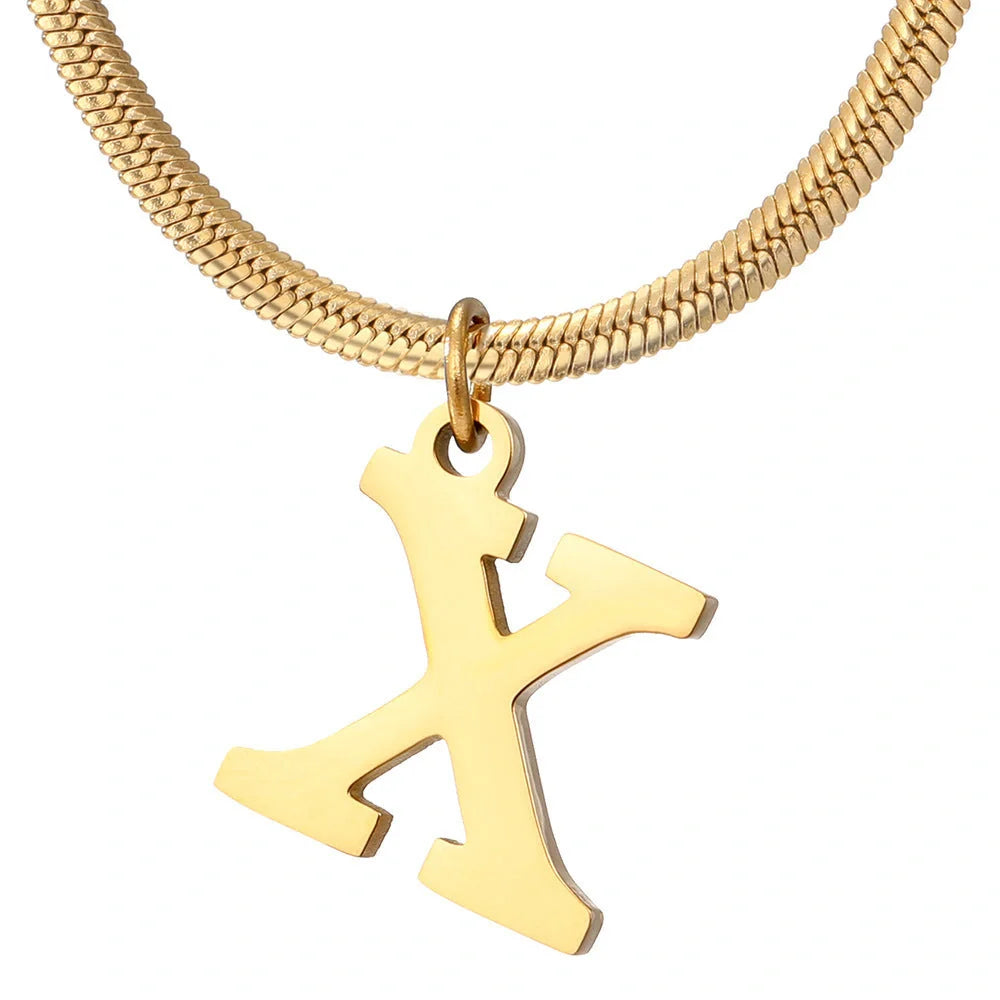 Elegant gold A-Z letter pendant necklace on a snake chain