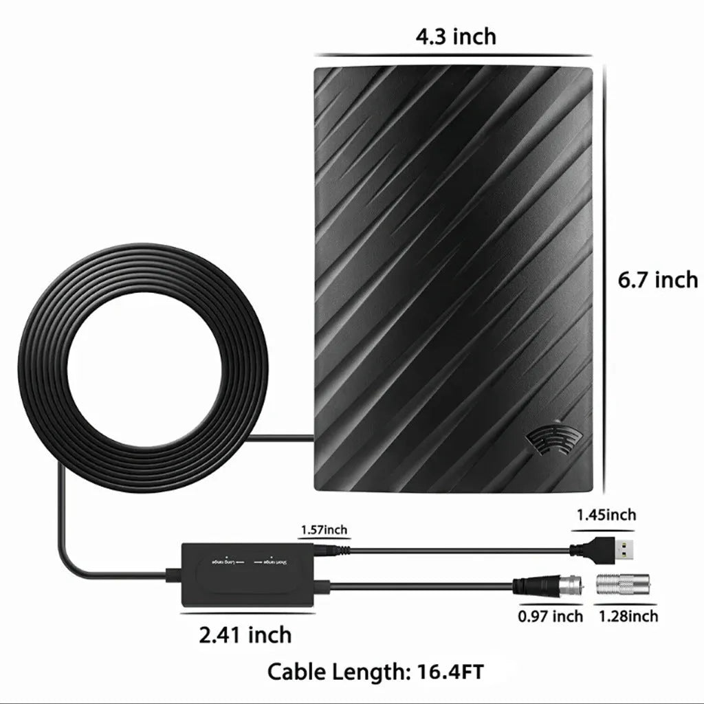 Black plastic digital TV antenna measuring 18cm by 16cm by 7cm with mounting accessories including expansion tubes and adhesive tape