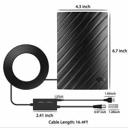 Black plastic digital TV antenna measuring 18cm by 16cm by 7cm with mounting accessories including expansion tubes and adhesive tape