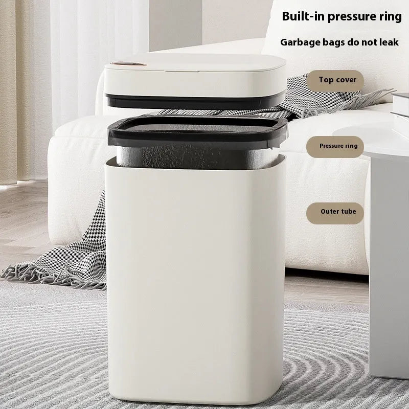 Square automatic induction garbage bin with sensor opening lid in milky white colour variant