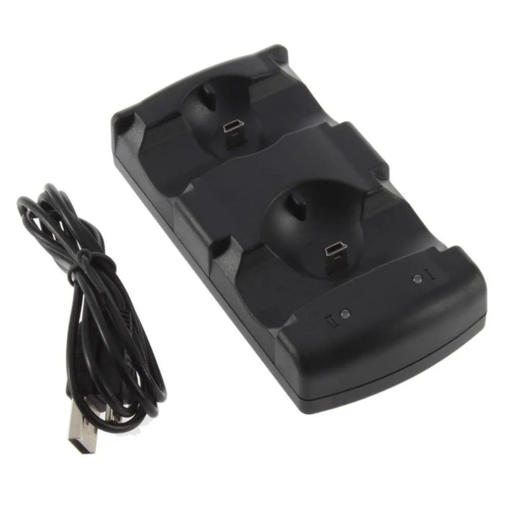 Black PS3 dual charging dock and stand for wireless controllers with USB port.