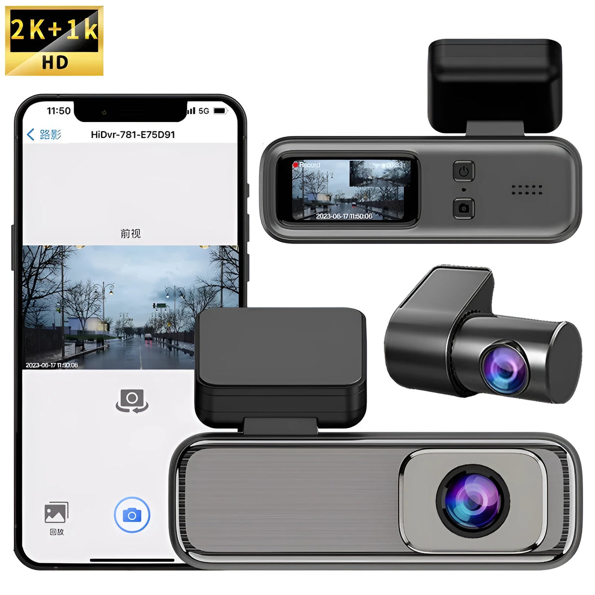 Front view of a driving recorder dash cam with a 1.2-inch screen, shown mounted on a car windscreen.