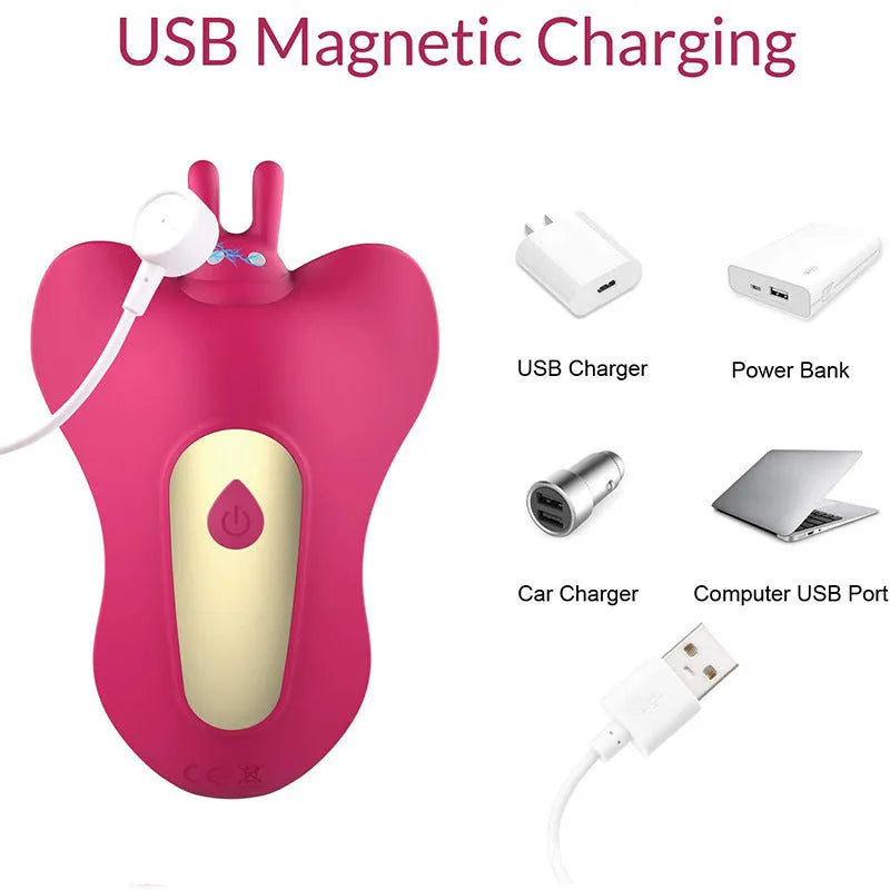 Purple and red silicone butterfly remote control dildo vibrator with USB cable.