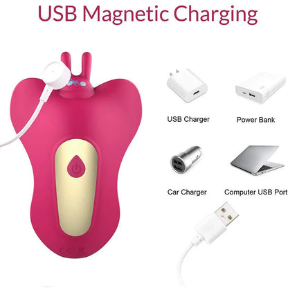 Purple and red silicone butterfly remote control dildo vibrator with USB cable.