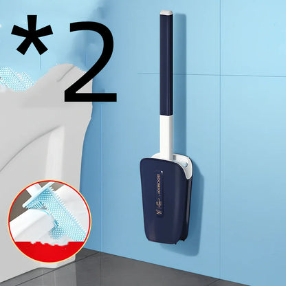 Wall-mounted toilet brush with blue antibacterial TPR head in plastic bucket