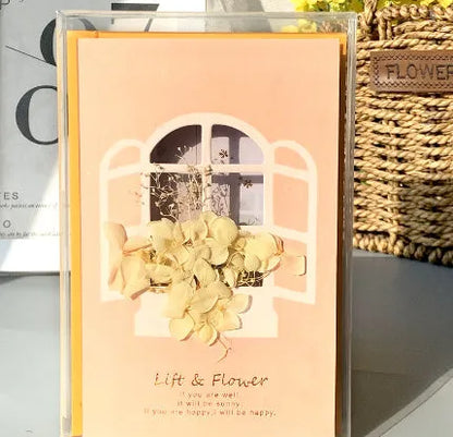 Handmade 3D butterfly greeting card with stand-up artificial flowers on coated paper, 16x10.5cm