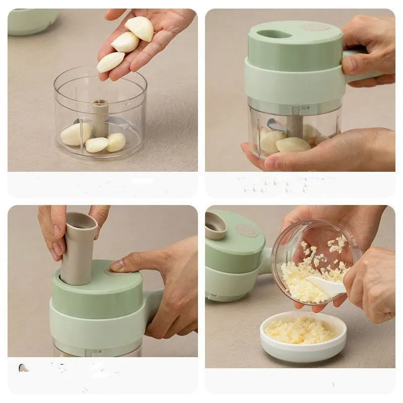 Wireless electric garlic masher and slicer combo, plastic body, 18.5cm x 13.1cm x 9.38cm, with Type-C cable and manual.