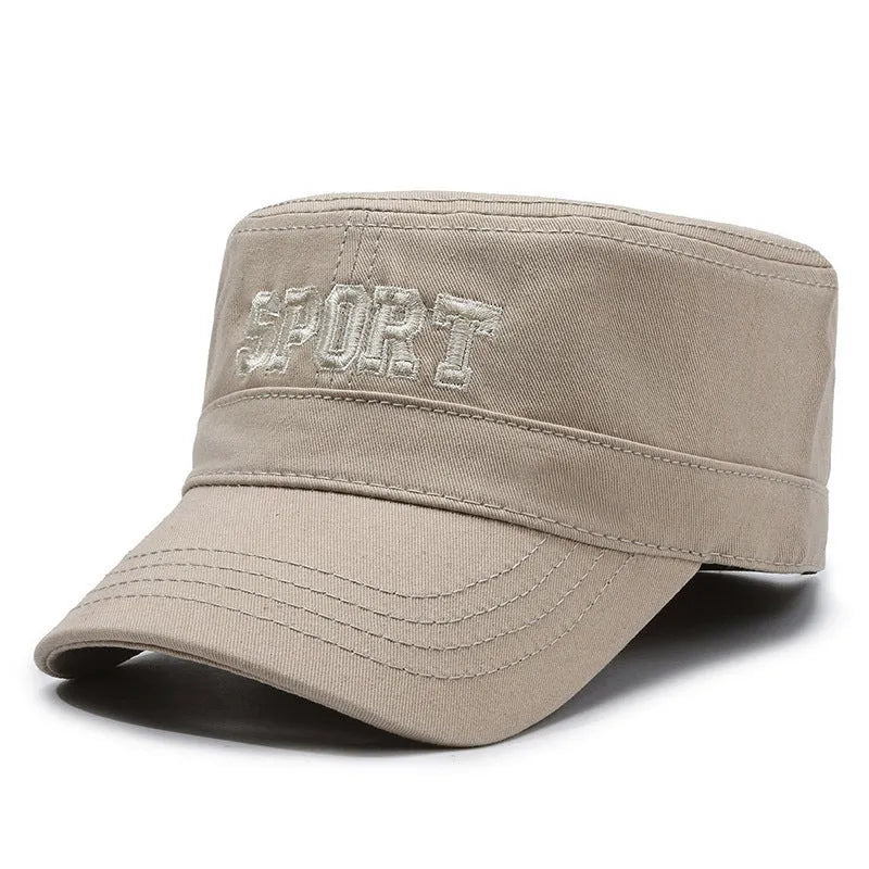 Men's adjustable cotton flat-top peaked cap in army green with dome crown and English letter detailing