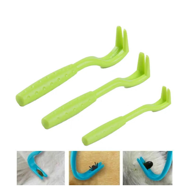 Three blue plastic tick removal hook tools for pets on a white background.