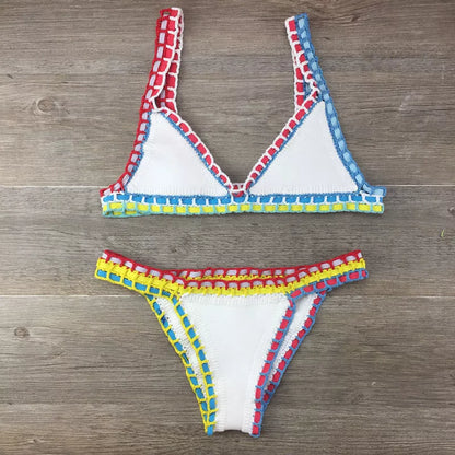 Hand crochet colourful bikini set with spell colour rubber detailing, available in multiple sizes and colours.