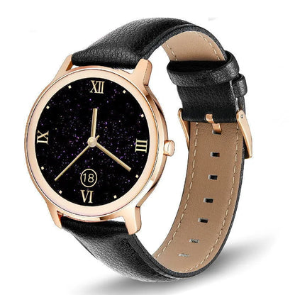 Women's rose gold smart watch with stainless steel mesh band on wrist, showing time on 1.3 inch screen