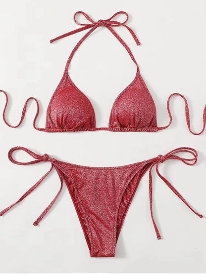 Women's khaki gold bandage bikini with adjustable straps on a beach background