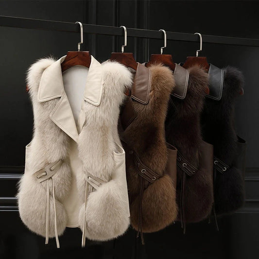 Elegant women's artificial fur vest in milk tea and camel colours for autumn and winter