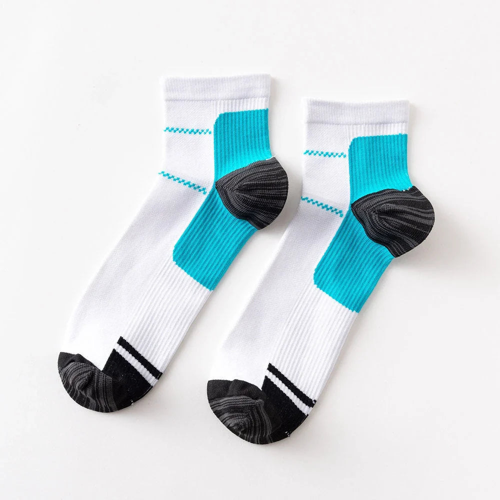 Compression socks designed to relieve plantar fasciitis and heel spur pain, featuring breathable and moisture-wicking materials for all-day comfort.