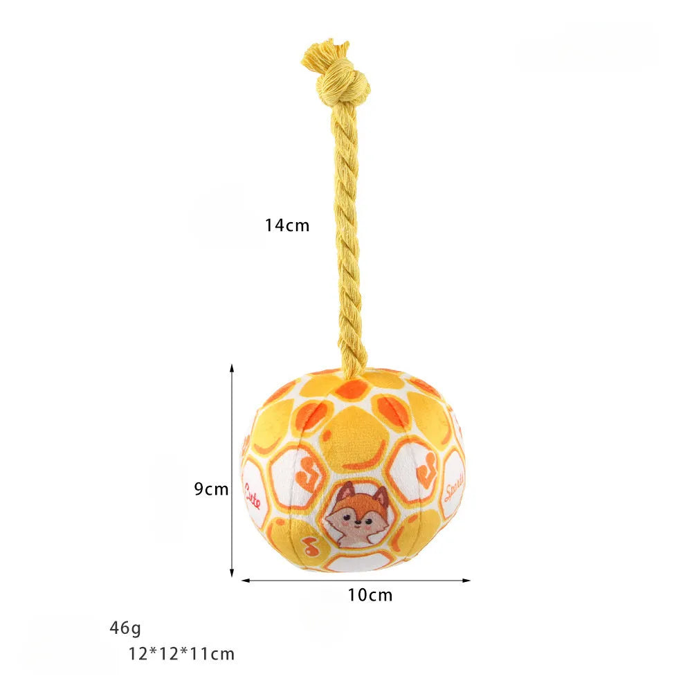 Cotton rope elastic football dog toy in bright cartoon colours for chewing and interactive play