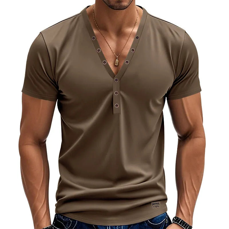 Men's loose V-neck pullover with button detail in a solid colour.