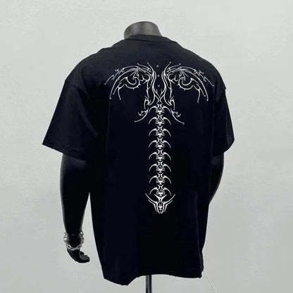 Men's loose fit black cotton short sleeve t-shirt on a hanger.