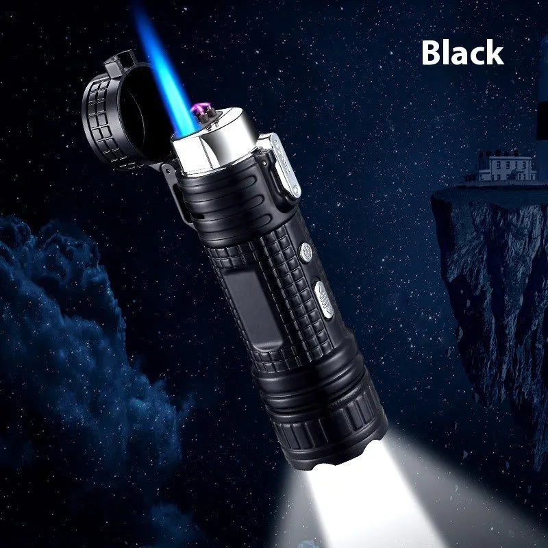 TH727 metal flashlight and lighter in camouflage colour, showing compact 12.5cm waterproof design.