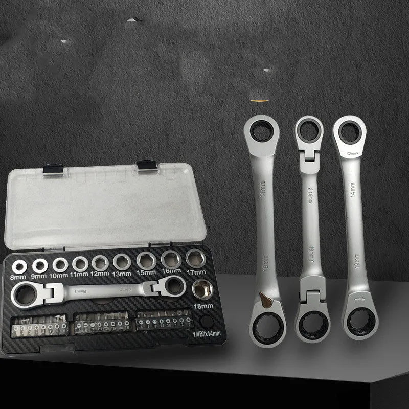 Dual-purpose ratchet wrench and screwdriver tool set with sockets and bit heads laid out