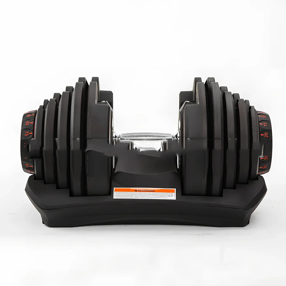 Black automatic adjustable dumbbell with dial weight selector showing 5kg to 25kg range