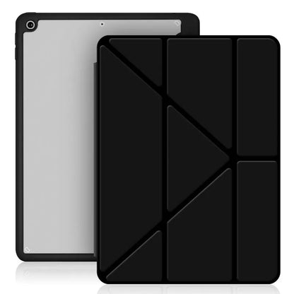 Y-folding imitation leather iPad case in dark grey, showing built-in stand and pen slot.